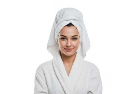 Portrait of relaxed woman in white bathrobe and towel on head standing isolated on White background PNG transparent background