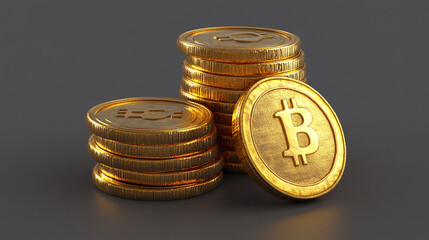 A close up view of stacked golden bitcoin coins on a plain gray surface in a studio setting