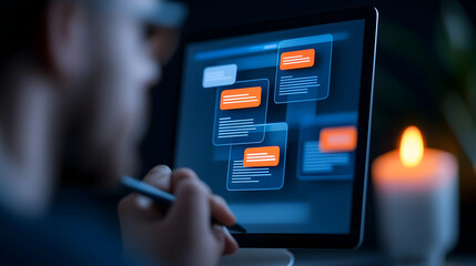 Person Designing Website Interface on Tablet at Night