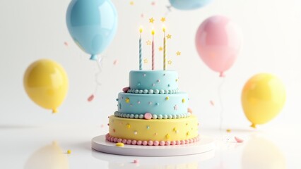Three Tiered Birthday Cake With Balloons