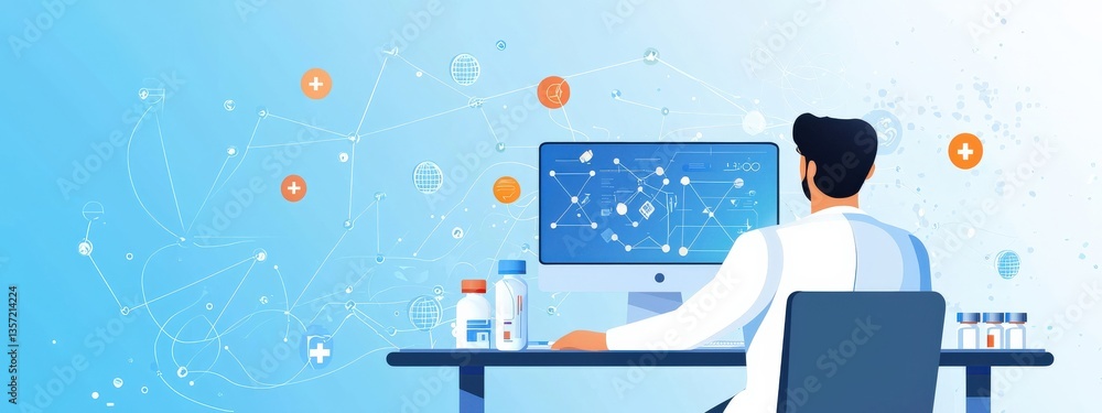 Poster scientist working at a computer with medical data visualization