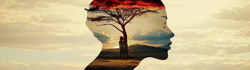Obraz premium Double exposure art showing silhouette of woman with tree and sunset landscape in background