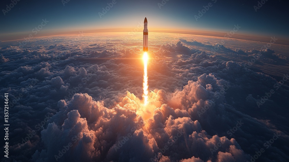 Poster bright flames erupt as a rocket ascends into the sky, piercing through thick clouds and signaling th