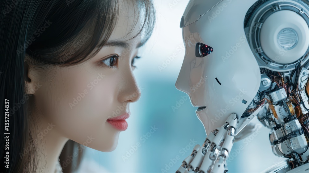 Poster human and robot interaction in futuristic setting