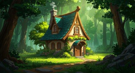 Fototapeta premium Enchanted Forest Cottage Sunlit Pixel Art Illustration