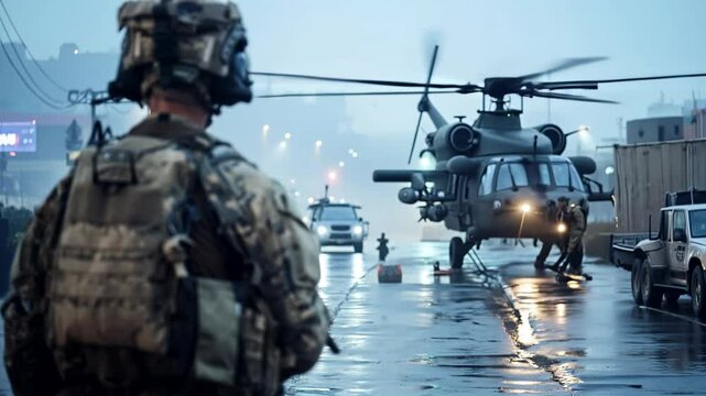 Silhouette of a soldier maneuvering drones for military combat and surveillance operations