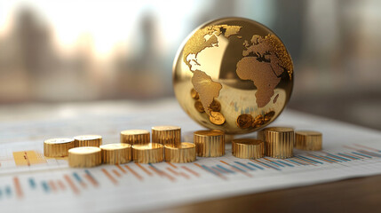 A shiny gold globe rests on a financial chart, symbolizing global markets, economic connections, sustainability, and the interdependence of finance and environmental stewardship in modern aesthetics