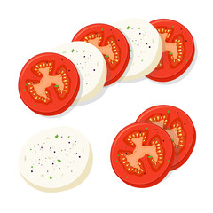 Tomato slices and mozzarella cheese. Caprice salad. Vector illustration. Isolated on white background.