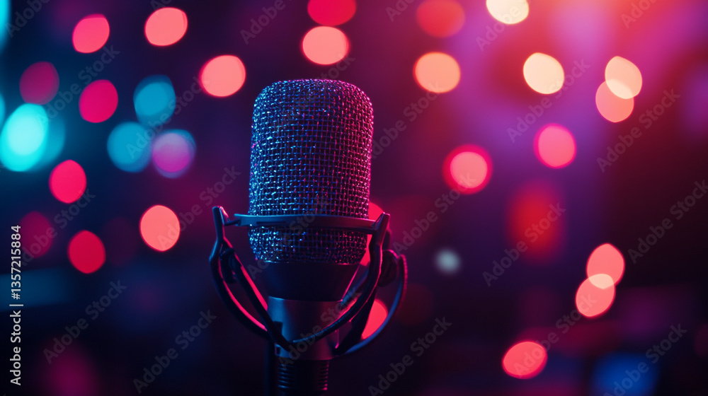 Poster a microphone stands center stage illuminated by vibrant bokeh lights in a dark environment setting