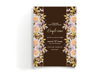 WEDDING INVITATION FRAME WITH FLOWER DECORATIONS AND FRESH LEAVES