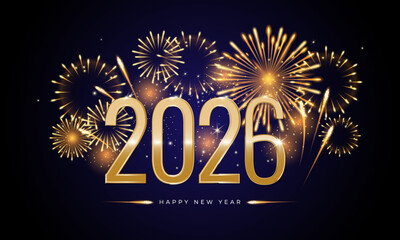 Happy New Year 2026 greeting banner with gold number and golden fireworks on night background. Design template for poster, cover, greeting card, web, social media