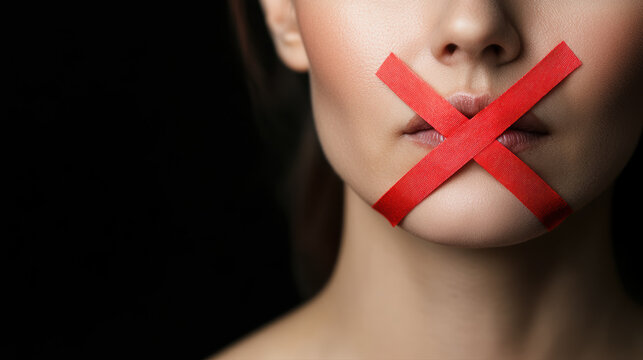 Bouche scell&eacute;e par un ruban rouge en croix, concept de censure et silence