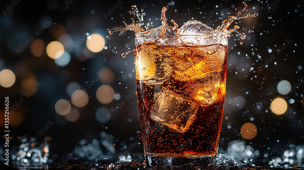 Poster Glass of cola with ice cubes and splash against a blurred background with bokeh lights effect