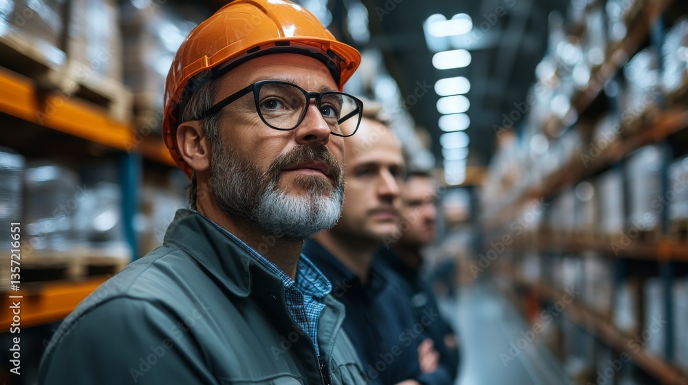 Poster three logistics experts observe organized shelves filled with freight and cargo in a spacious wareho