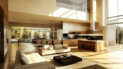 Fototapeta premium Luxurious modern open concept home interior features living and dining areas
