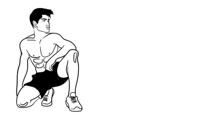 Sculpted pumped up body. Sport man narcissist, admires himself on white background. Sport guy model line art drawing. Vector illustration