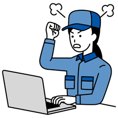 ノートパソコンの画面を見て怒っているつなぎ作業服の女性