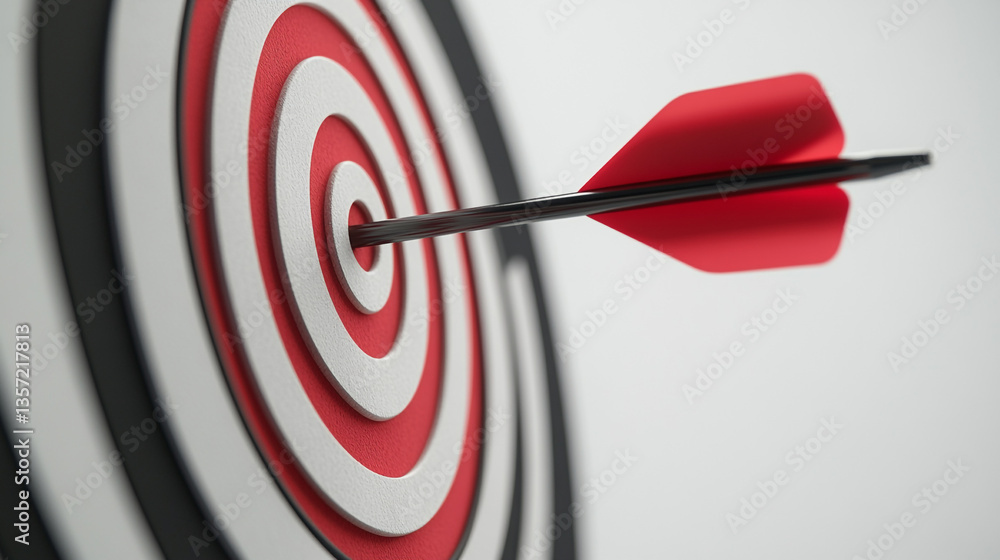 Poster close up of a red and white target with an arrow hitting the bullseye in a studio setting