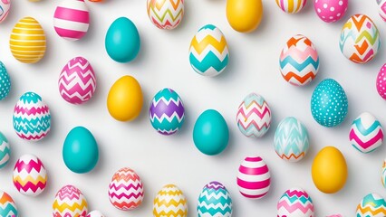 A large group of brightly colored easter eggs on a white surface.