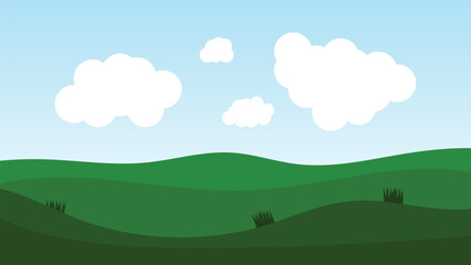 landscape cartoon scene background. green field with big white fluffy cloud and blue sky