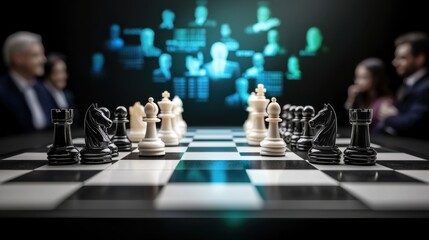 Chess game with blurred figures and digital elements in the background.