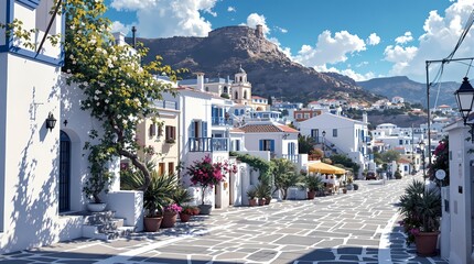 Naklejka premium Street view of mykonos with greece style houses. Anime style