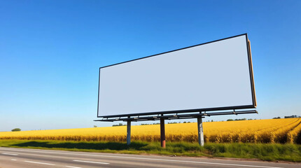 Blank large billboard on the side of the road. Agricultural field and blue sky as background.