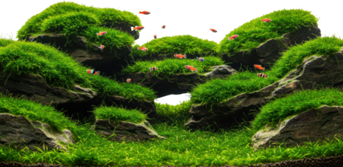 Vibrant Aquarium Landscape Rocks Green Moss and Colorful Fish