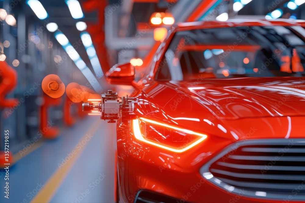 Poster futuristic red car with robotic feature in factory