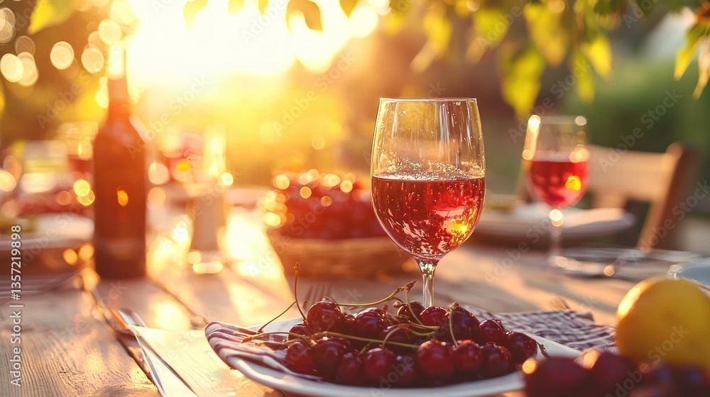 Poster a dinner table at sunset featuring cherry juice as part of a summer meal spread