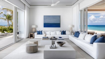 Fototapeta premium Spacious coastal living room with white furniture and sea views