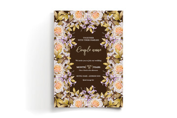 WEDDING INVITATION FRAME WITH FLOWER DECORATIONS AND FRESH LEAVES