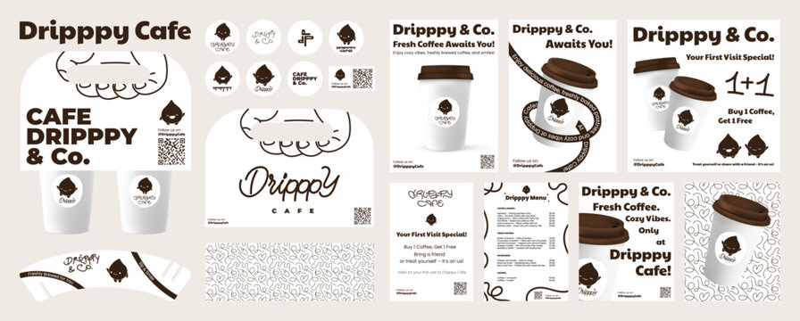 Brown and modern design for coffee shop, drink carrier, cardboard sleeve, stickers, logo, seamless pattern, menu, 3D posters. Coffee to go, packaging design for cafe. Branding and identity. Vector set