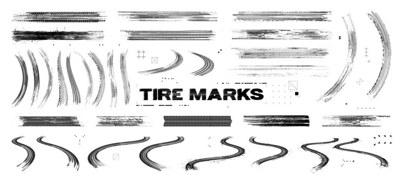 Tire tread marks after skidding, launch, drift, powerslide in motorsport, rally, off-road, motocross. Tread mark with skidding, sanding, dirty mark on asphalt. Wheel texture with splash effect. Vector