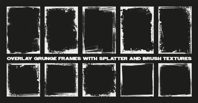 Artistic grunge frame border, overlay texture for old, dirty, retro, vintage effects. Square and rectangular overlay texture with brush strokes effect. Dirty texture effect. Vector graphic collection