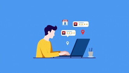 Man Using Laptop Reviews Business Online