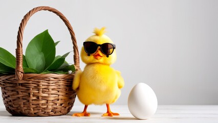 A small yellow chicken wearing sunglasses next to a white egg.
