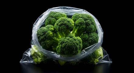 Fresh Green Broccoli Florets in Clear Plastic Bag Against Dark Background