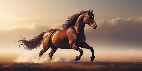 Naklejka premium Galloping Brown Stallion Watercolor Art in Sunset Glow