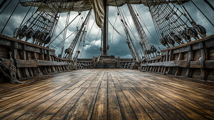 A deserted pirate ship deck with wooden planks, sails, and rigging, set against a moody sky backdrop for a theater stage scene
