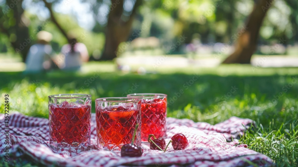 Poster a family picnic setting with cherry juice served in glasses on a blanket in a grassy park.