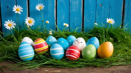A group of painted easter eggs sitting in the grass.