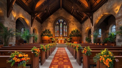 Church Interior with Sunlight Streaming Through Stained Glass Windows and Flower Arrangements