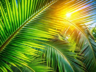 Lush Coconut Palm Leaves Architectural Detail - Tropical Island Paradise Stock Photo