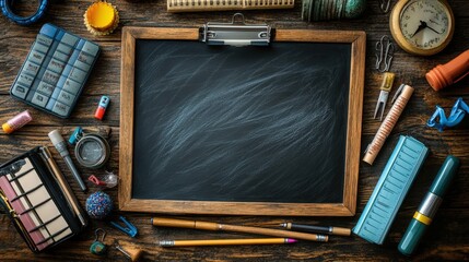 Vintage school supplies surrounding a blank chalkboard on a wooden surface