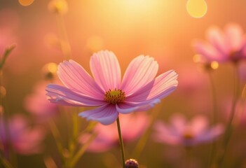 Fototapeta premium Pink cosmos flower blooming brightly in a field bathed in golden sunlight Spring