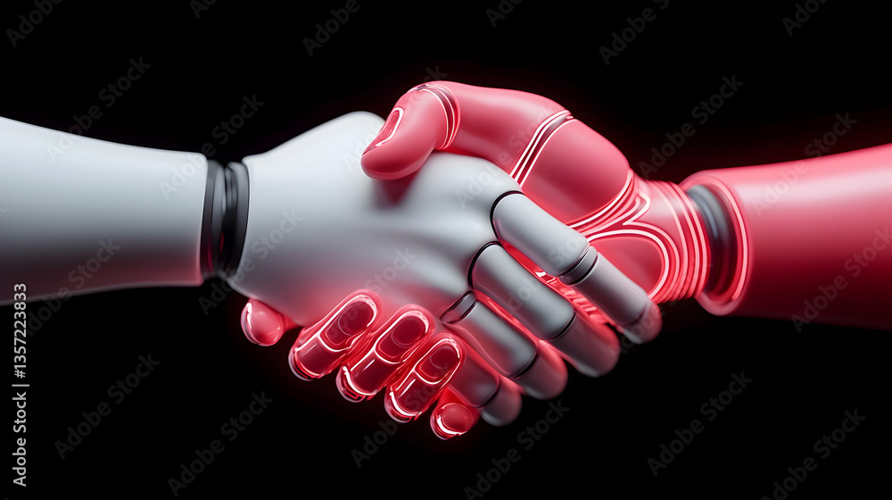 Canvas Prints robotic hands in a symbolic handshake against a black background