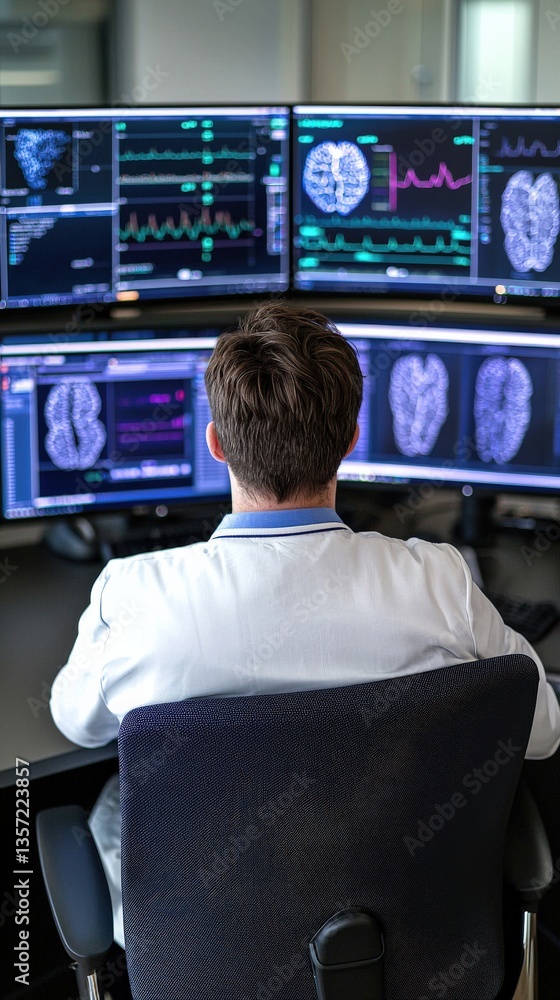 Poster medical professional analyzing brain scan data on multiple monitors