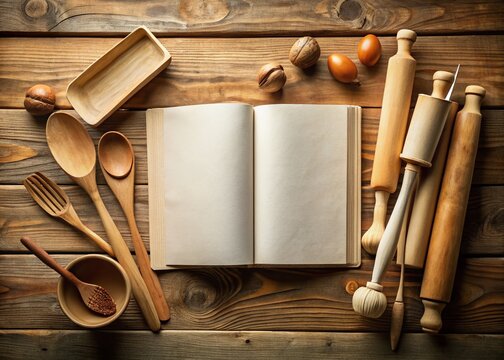 Cookbook Template InDesign Mockup:  Rustic Wooden Table, Open Cookbook, Culinary Tools