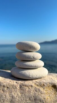 CLOSE UP, VERTICAL: Thrown rock flies into a carefully stacked pile of smooth white pebbles near the sea. The top stones begin to scatter from towering sculpture towards the blue sky and calm ocean.